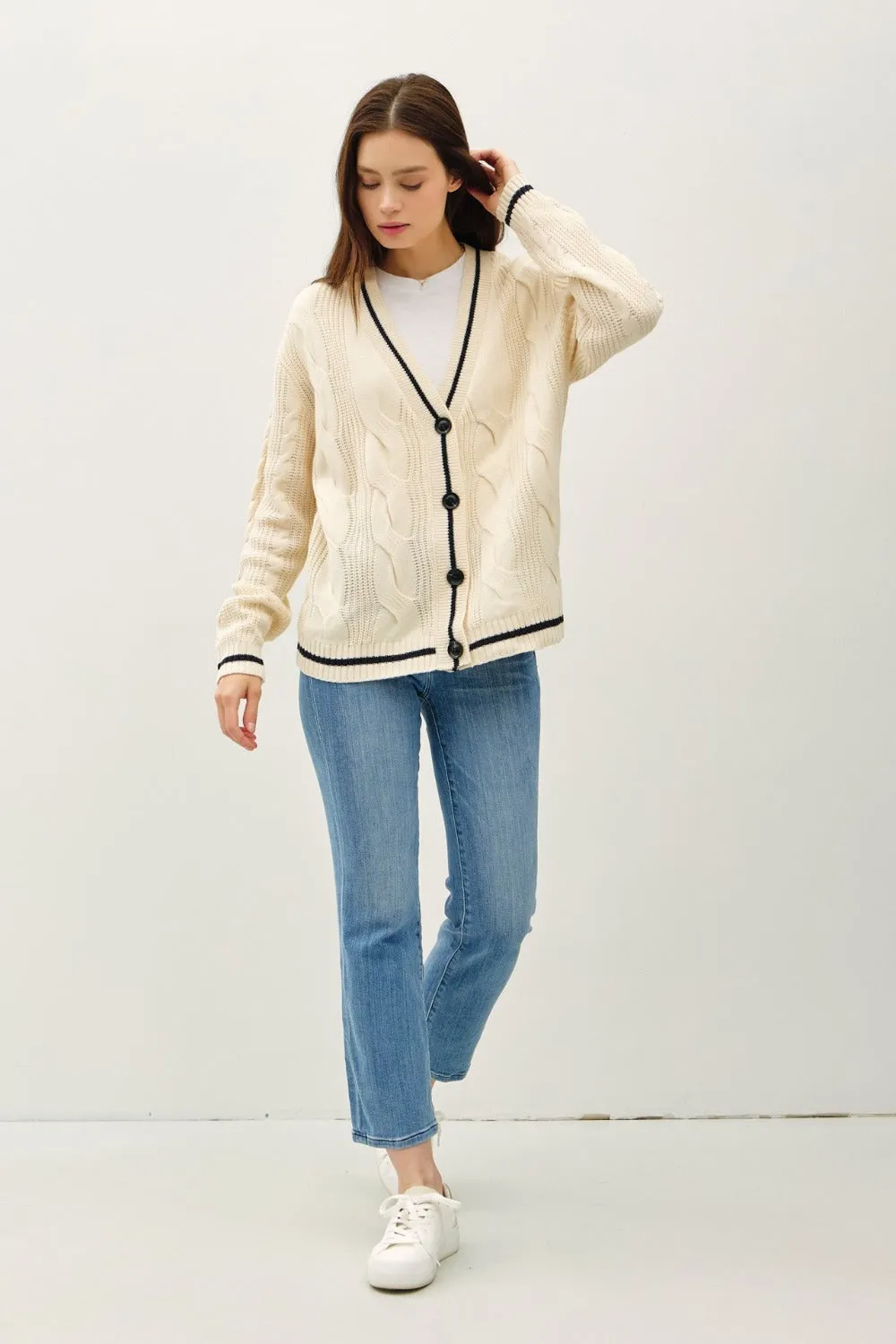 Be Cool Contrast Trim Cable-Knit V-Neck Cardigan sold by Charming Charlie product image thumbnail 4