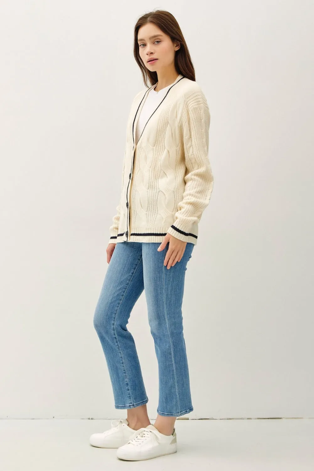 Be Cool Contrast Trim Cable-Knit V-Neck Cardigan sold by Charming Charlie product image thumbnail 3