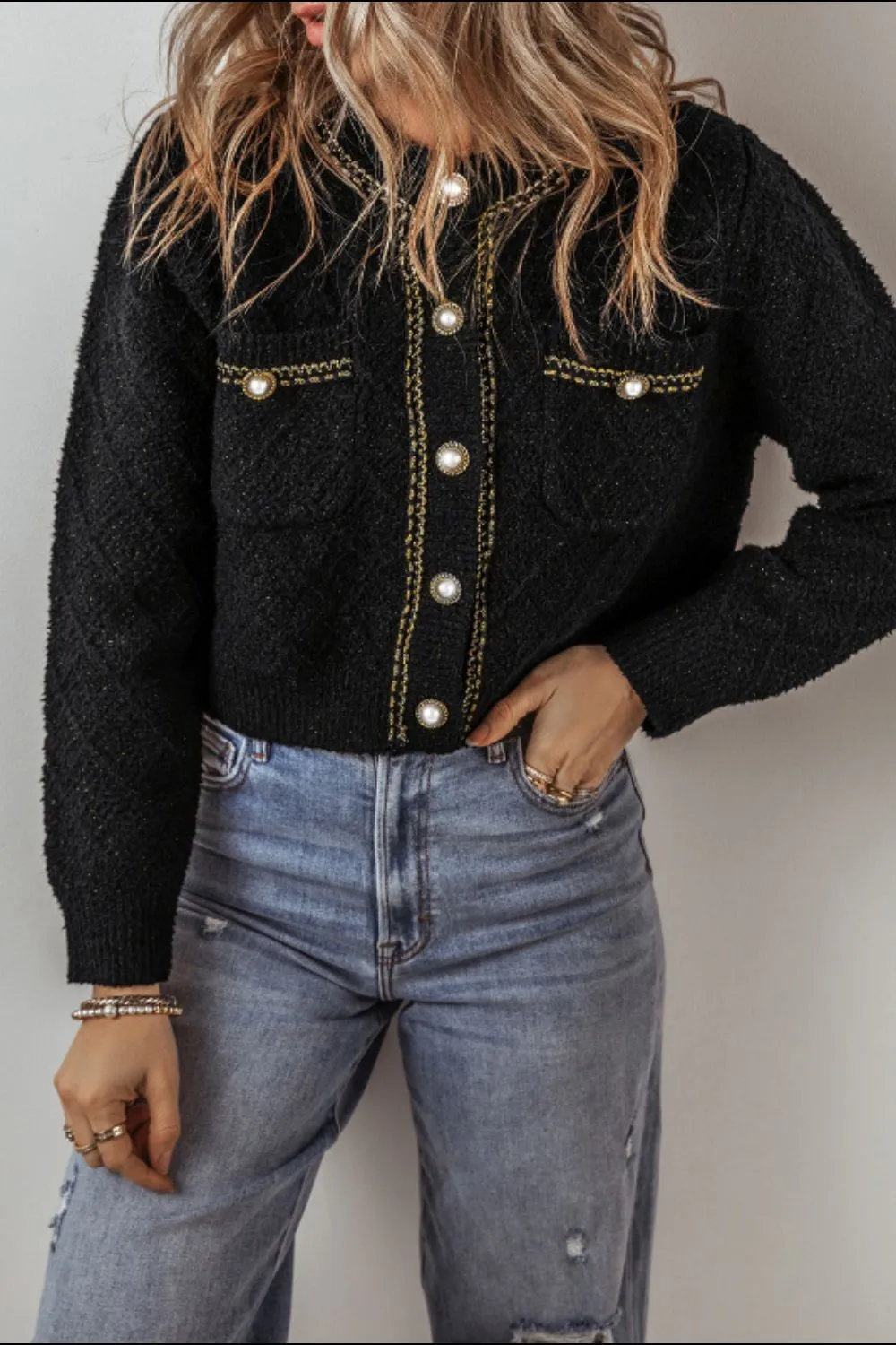 Round Neck Button Up Long Sleeve Cardigan sold by Charming Charlie