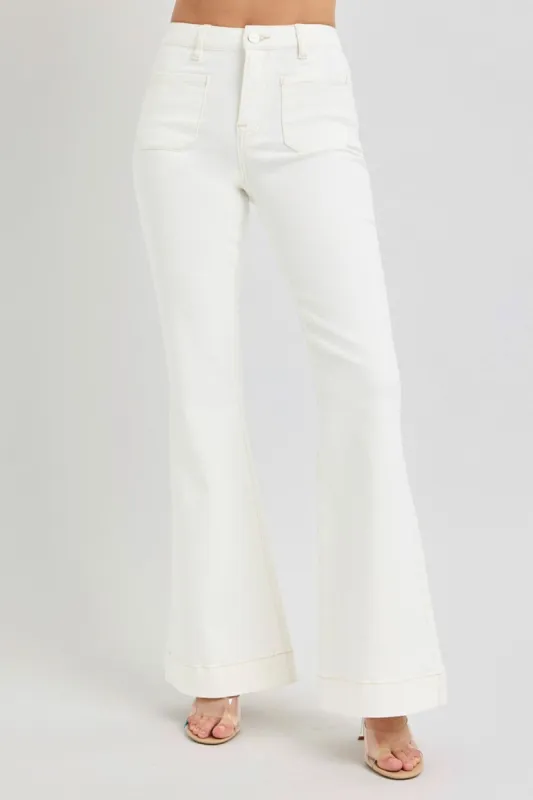 RISEN Full Size High Rise Front Patch Pocket Flare Jeans sold by Charming Charlie