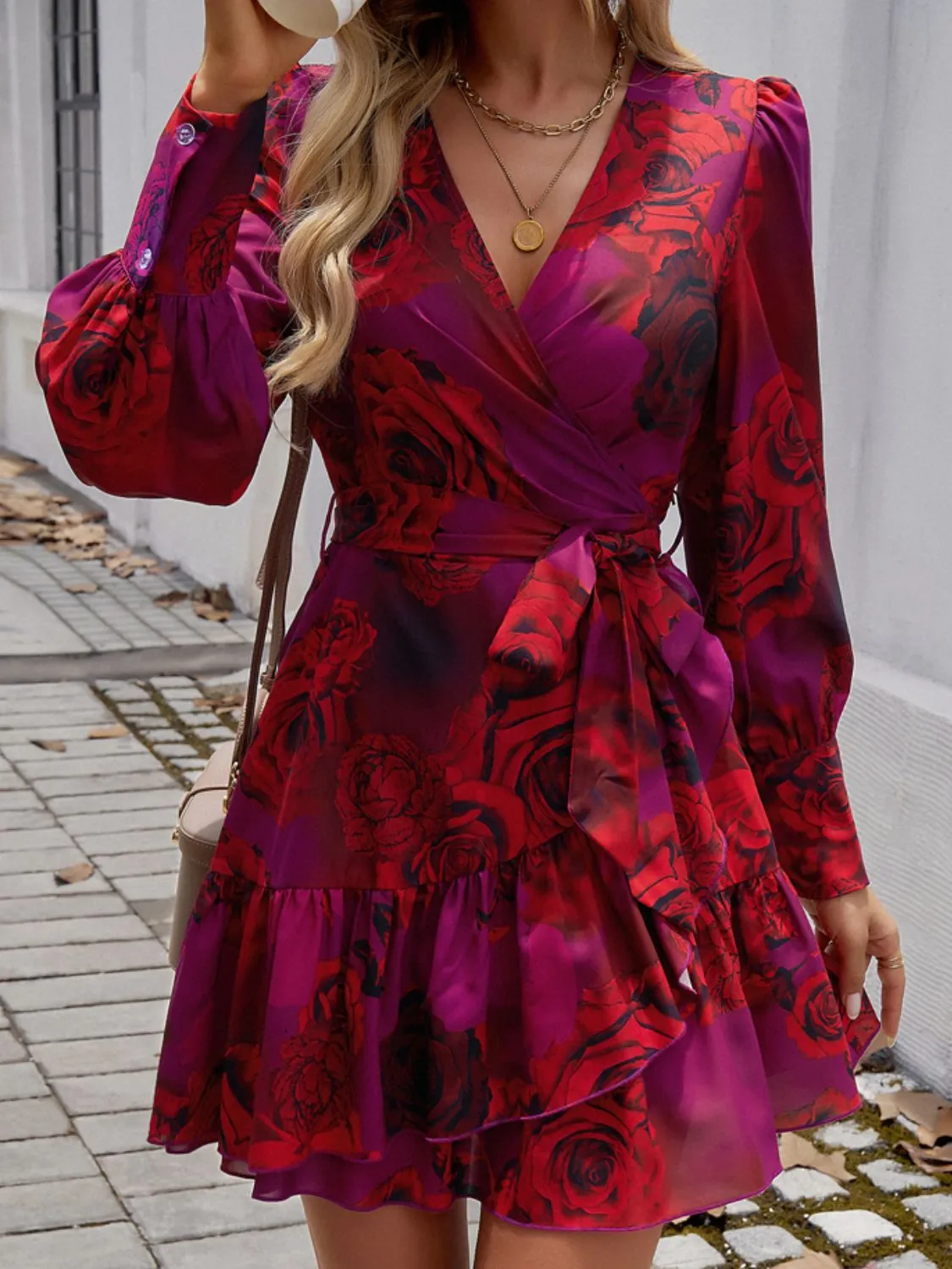 Ruffled Printed Surplice Long Sleeve Mini Dress sold by Charming Charlie product image thumbnail 4
