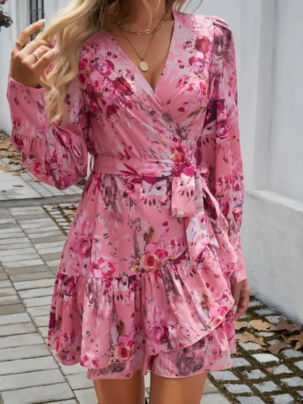 Ruffled Printed Surplice Long Sleeve Mini Dress sold by Charming Charlie