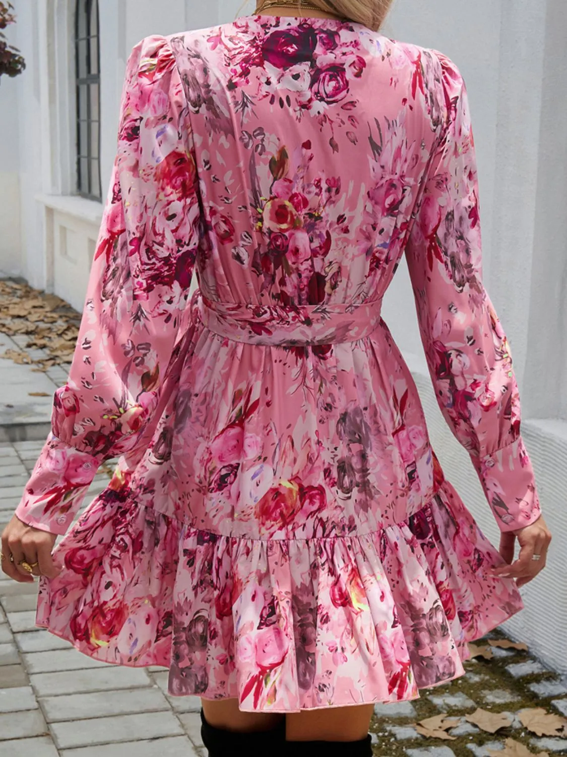 Ruffled Printed Surplice Long Sleeve Mini Dress sold by Charming Charlie product image thumbnail 2