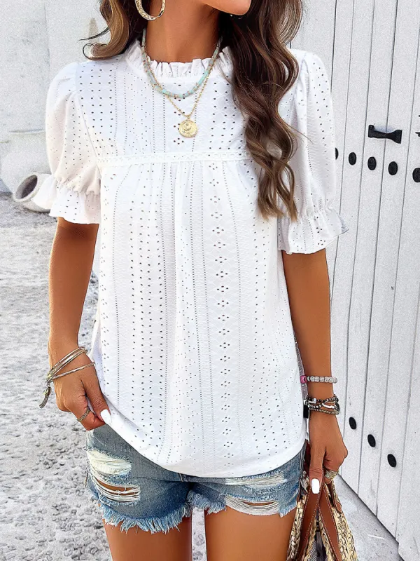 Eyelet Mock Neck Flounce Sleeve Blouse sold by Charming Charlie