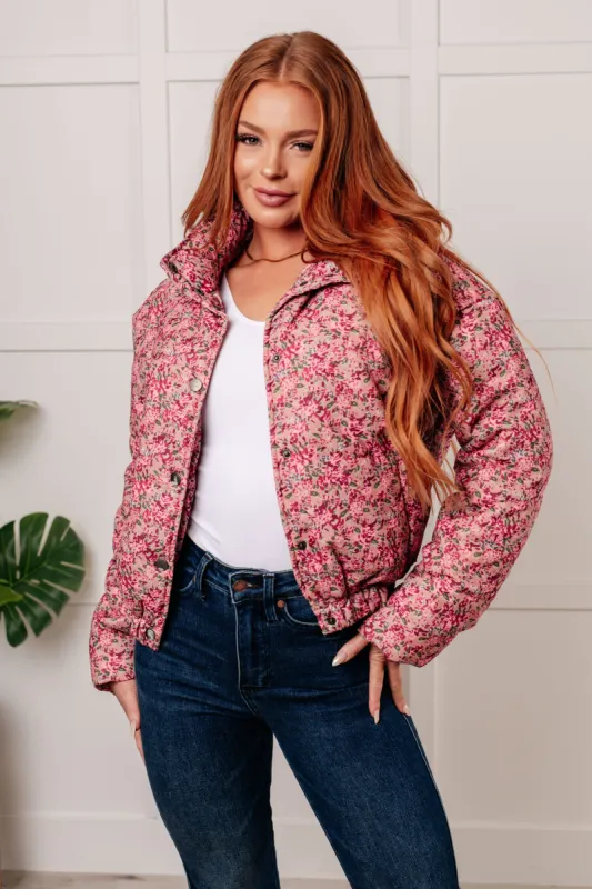 Wish Me Well Floral Printed Puffer Jacket in Rose Multi sold by Charming Charlie