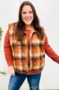 Put Together Rust Taupe Plaid Snap Button Quilted Puffer Vest sold by Charming Charlie