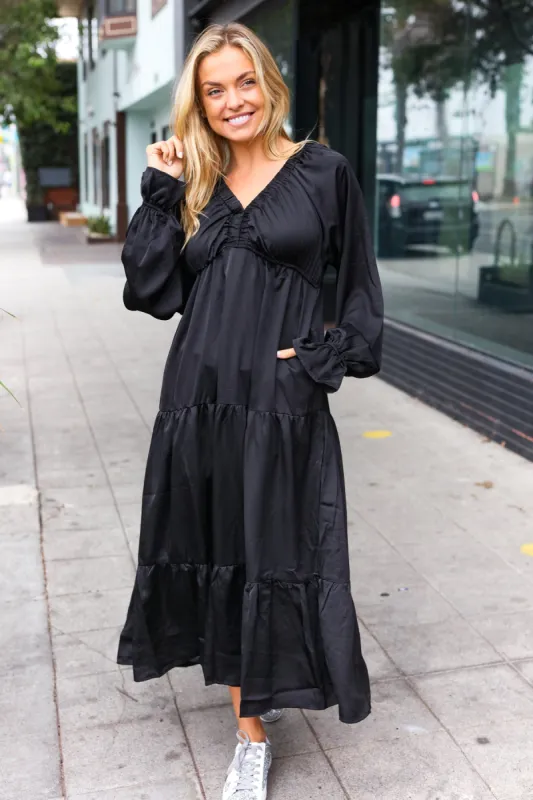 Elegant Black Elastic V Neck Tiered Satin Maxi Dress sold by Charming Charlie