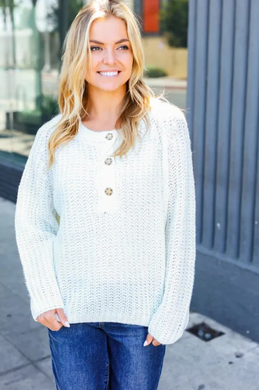Casual Living White Loose Knit Henley Button Sweater sold by Charming Charlie