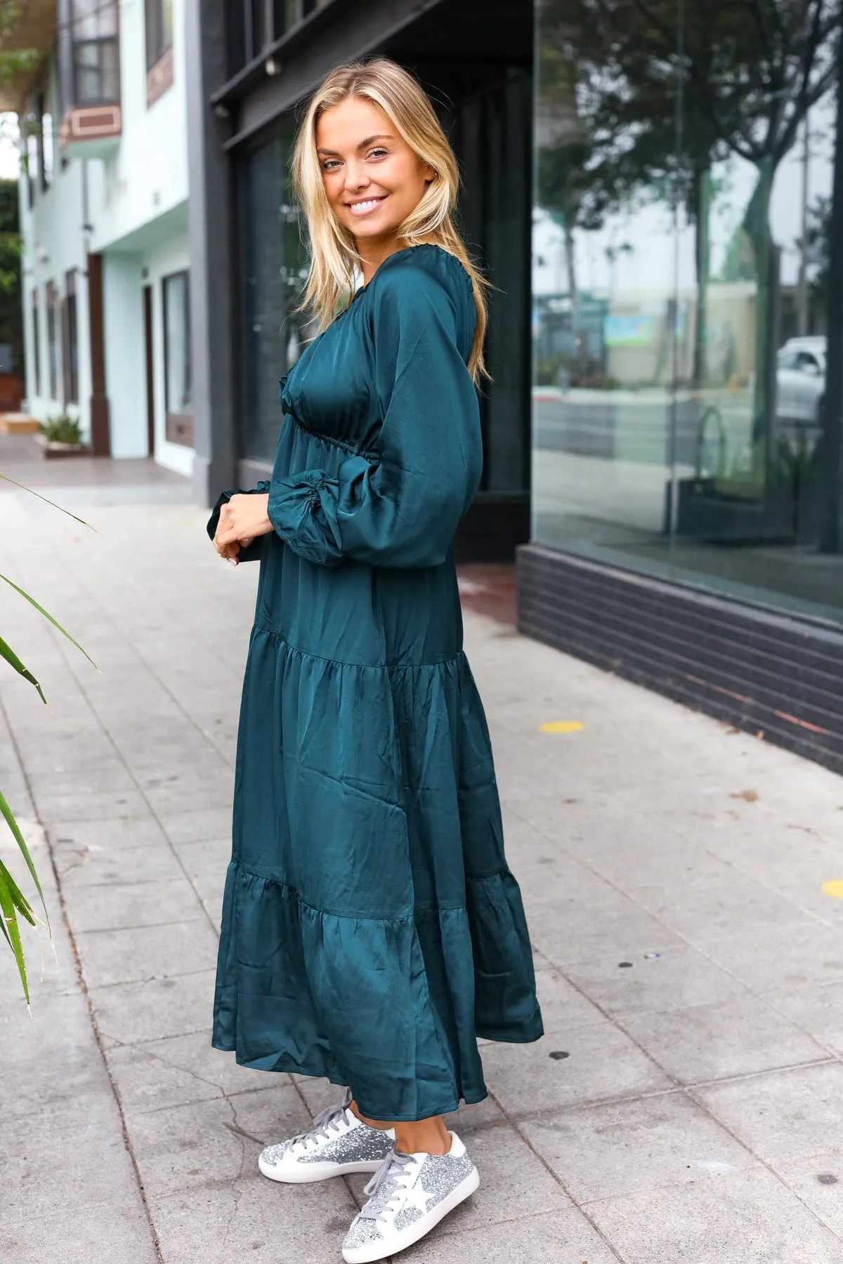 Elegant Hunter Green Elastic V Neck Tiered Satin Maxi Dress sold by Charming Charlie product image thumbnail 4