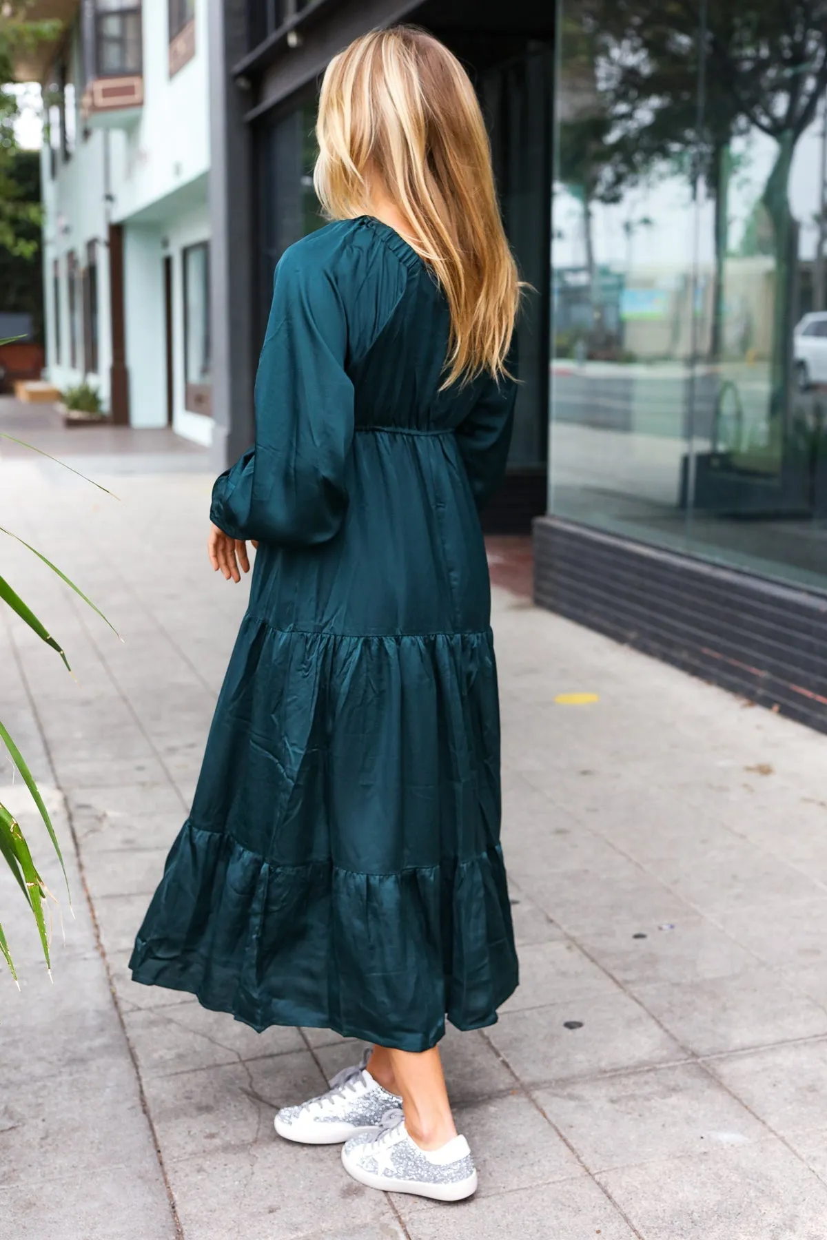 Elegant Hunter Green Elastic V Neck Tiered Satin Maxi Dress sold by Charming Charlie product image thumbnail 3