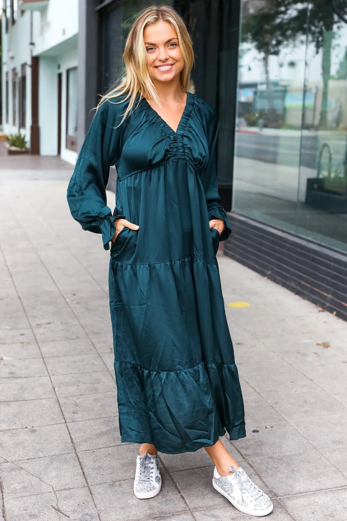 Elegant Hunter Green Elastic V Neck Tiered Satin Maxi Dress sold by Charming Charlie product image thumbnail 2