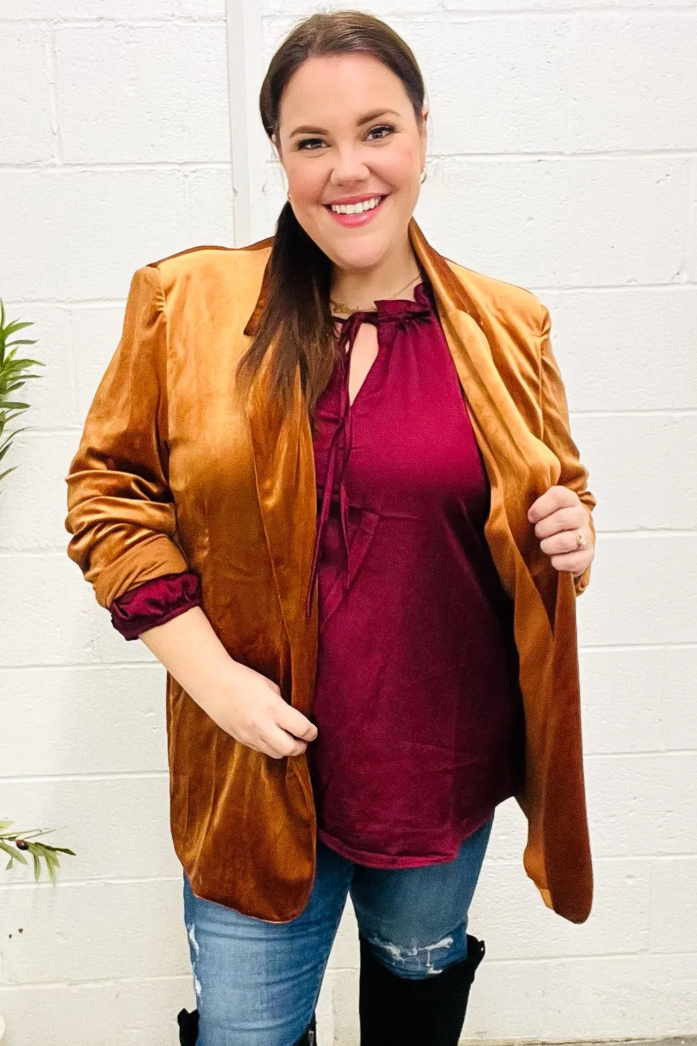 Holiday Stunner Rust Velvet Lapel Blazer sold by Charming Charlie