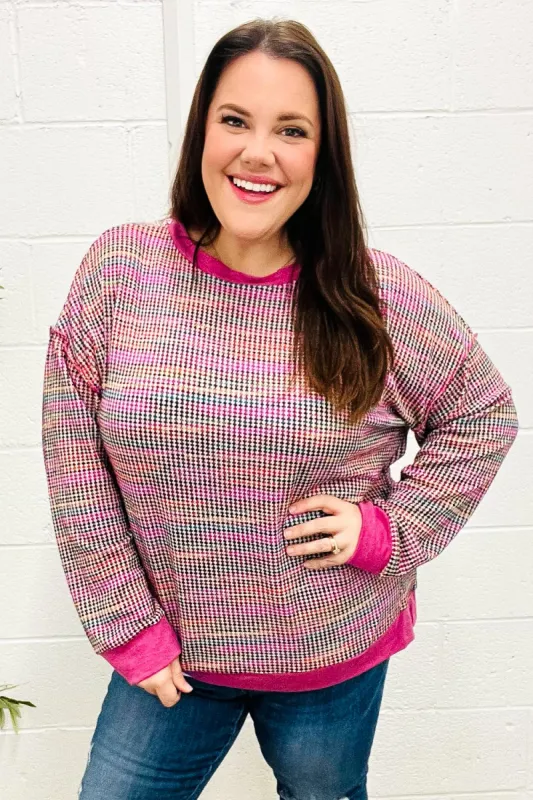 Bring Joy Magenta Multicolor Textured Waffle Knit Sweater sold by Charming Charlie
