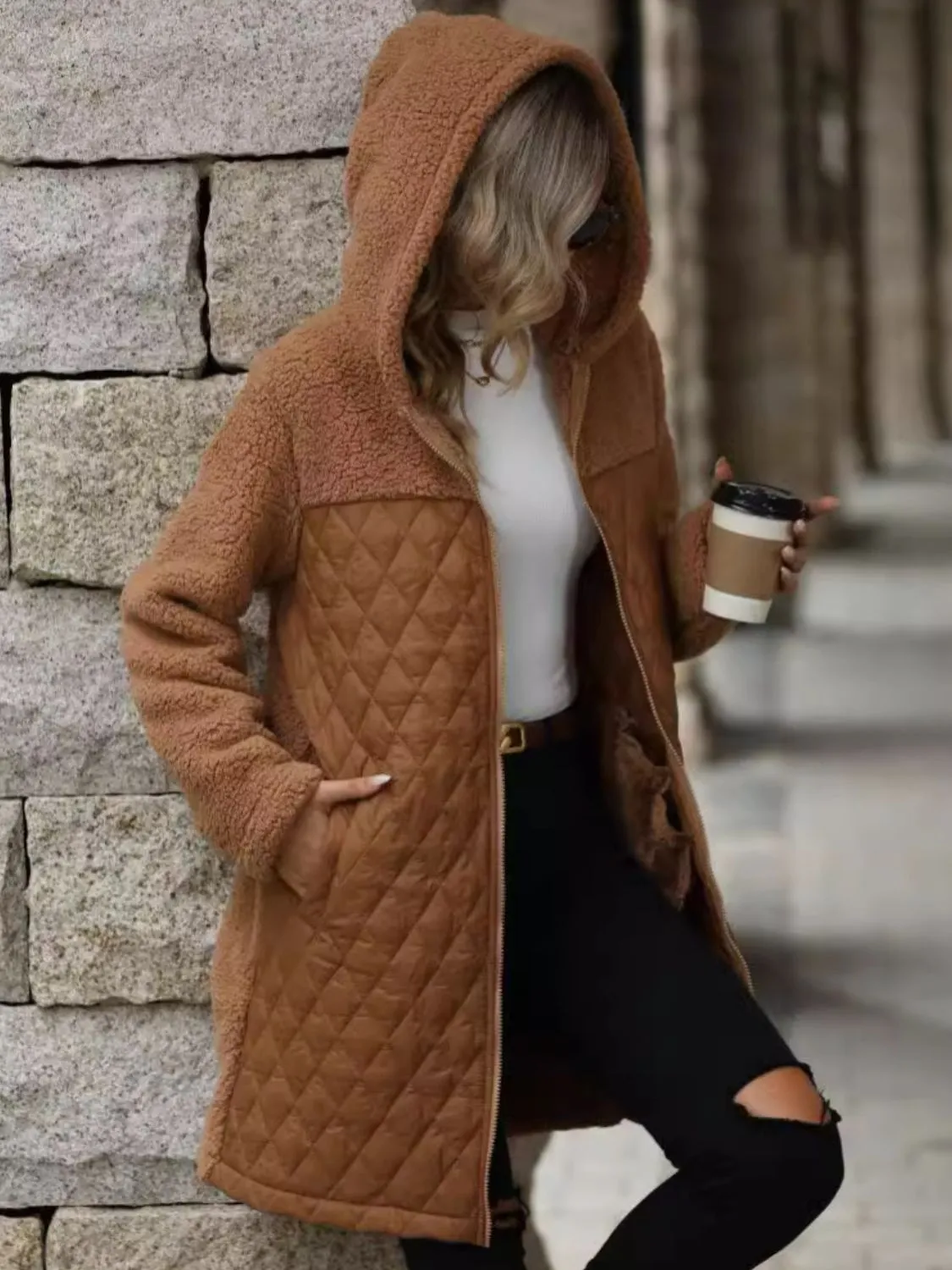 Texture Zip Up Long Sleeve Hooded Coat sold by Charming Charlie product image thumbnail 2