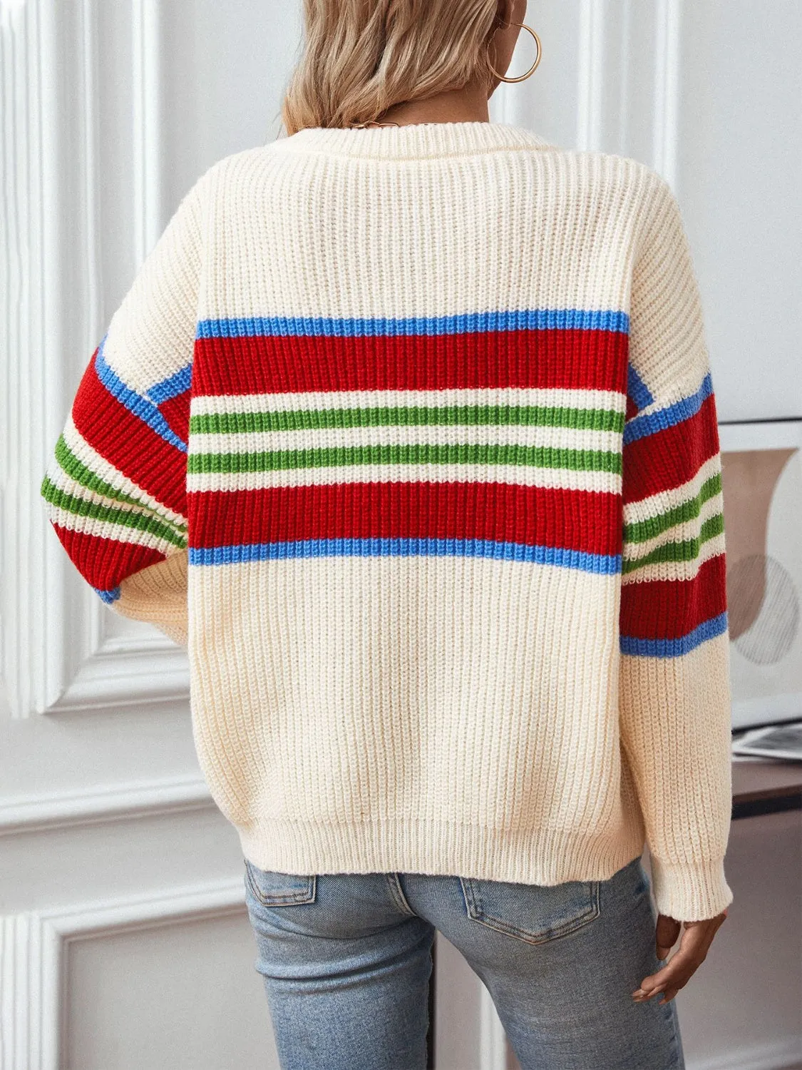 Contrast Stripes Round Neck Long Sleeve Sweater sold by Charming Charlie product image thumbnail 2