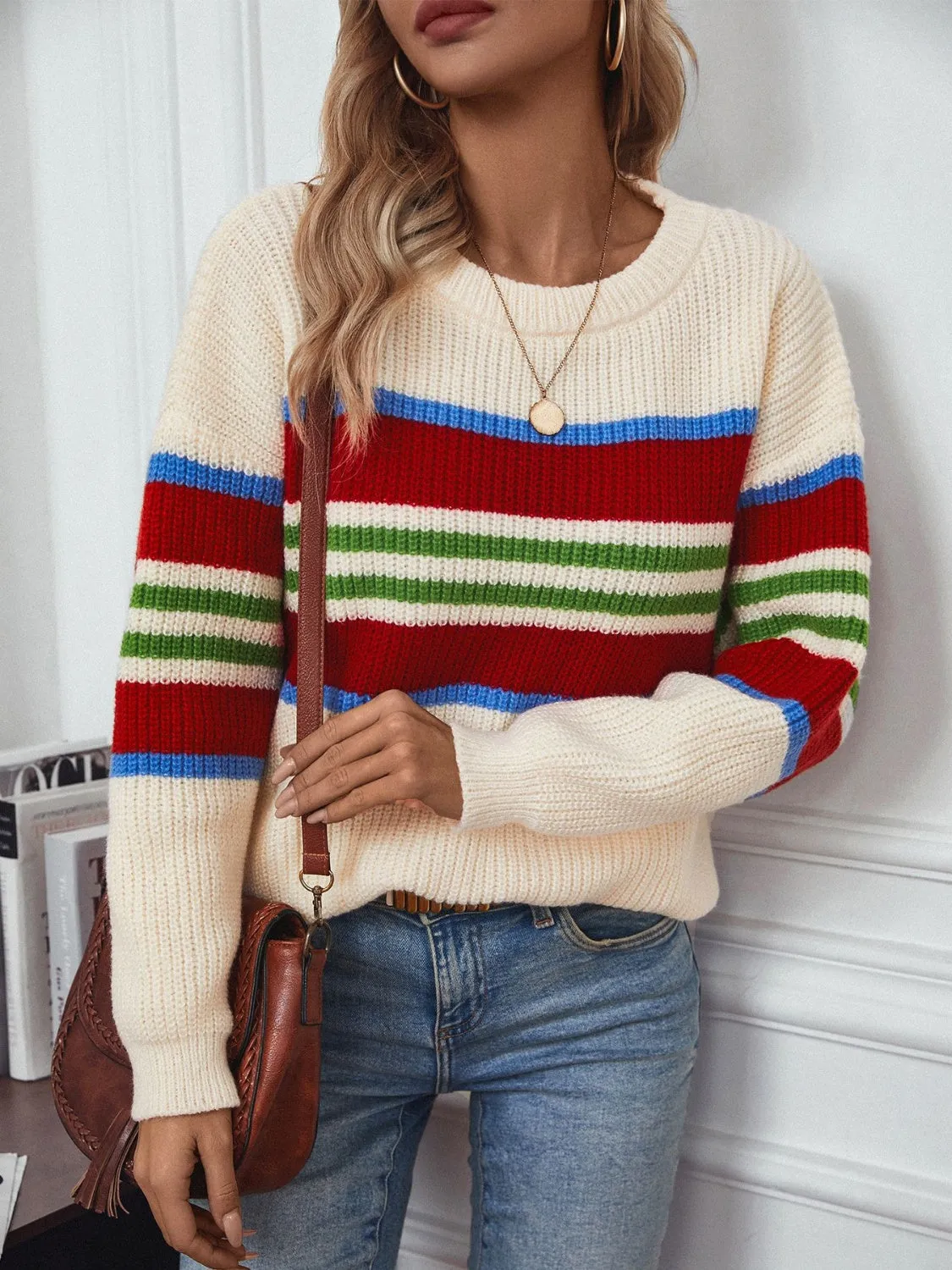 Contrast Stripes Round Neck Long Sleeve Sweater sold by Charming Charlie product image thumbnail 3