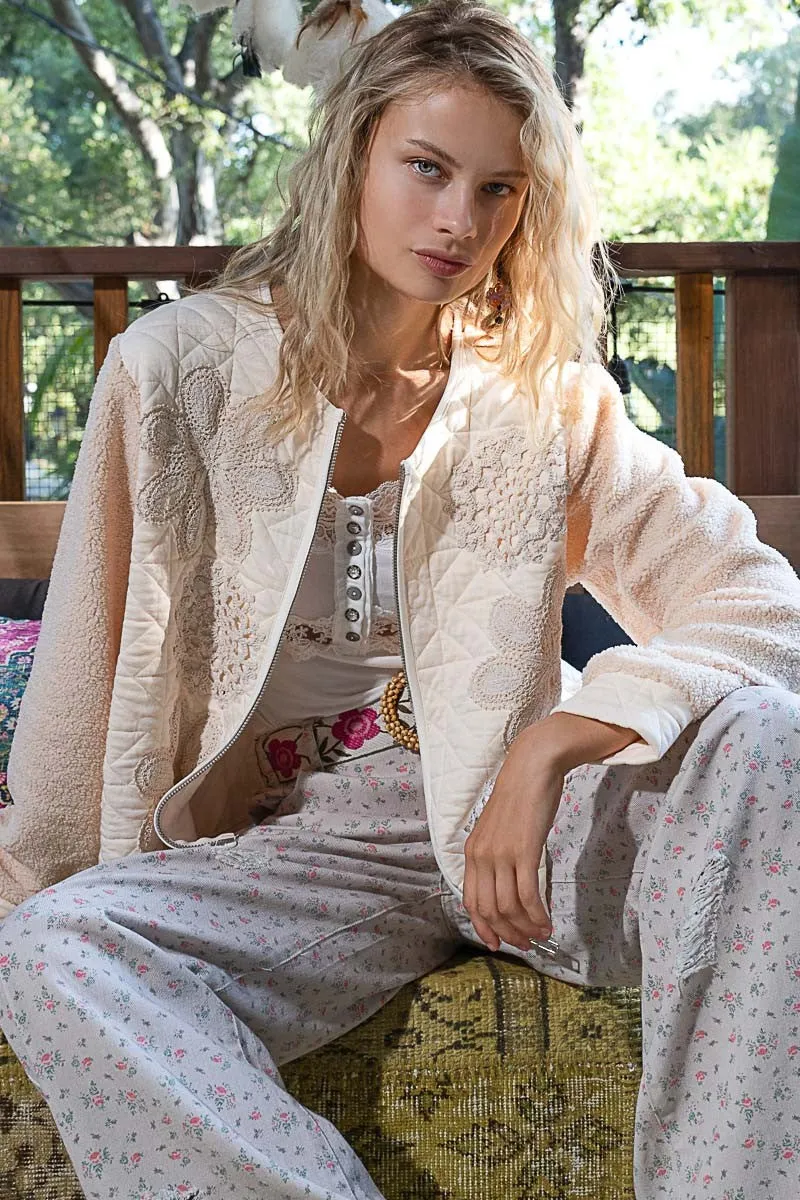 POL Lace Detail Fur Sleeve Zip Up Quilted Jacket sold by Charming Charlie product image thumbnail 2