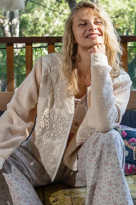 POL Lace Detail Fur Sleeve Zip Up Quilted Jacket sold by Charming Charlie