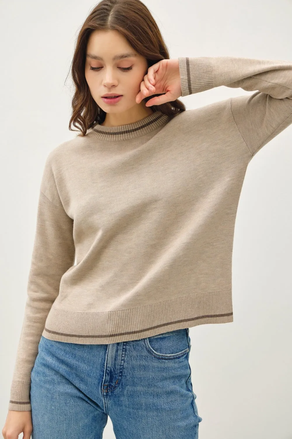 Be Cool Striped Trim Round Neck Long Sleeve Sweater sold by Charming Charlie product image thumbnail 2
