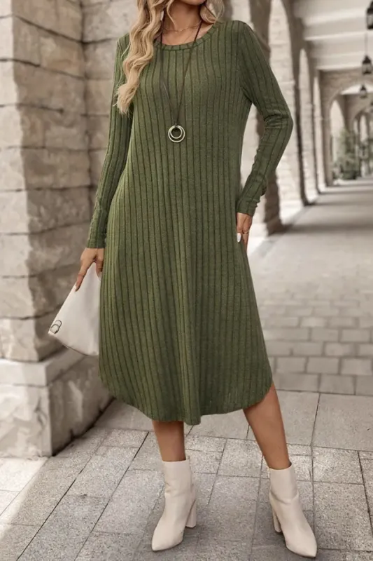 Ribbed Curved Hem Round Neck Long Sleeve Dress sold by Charming Charlie
