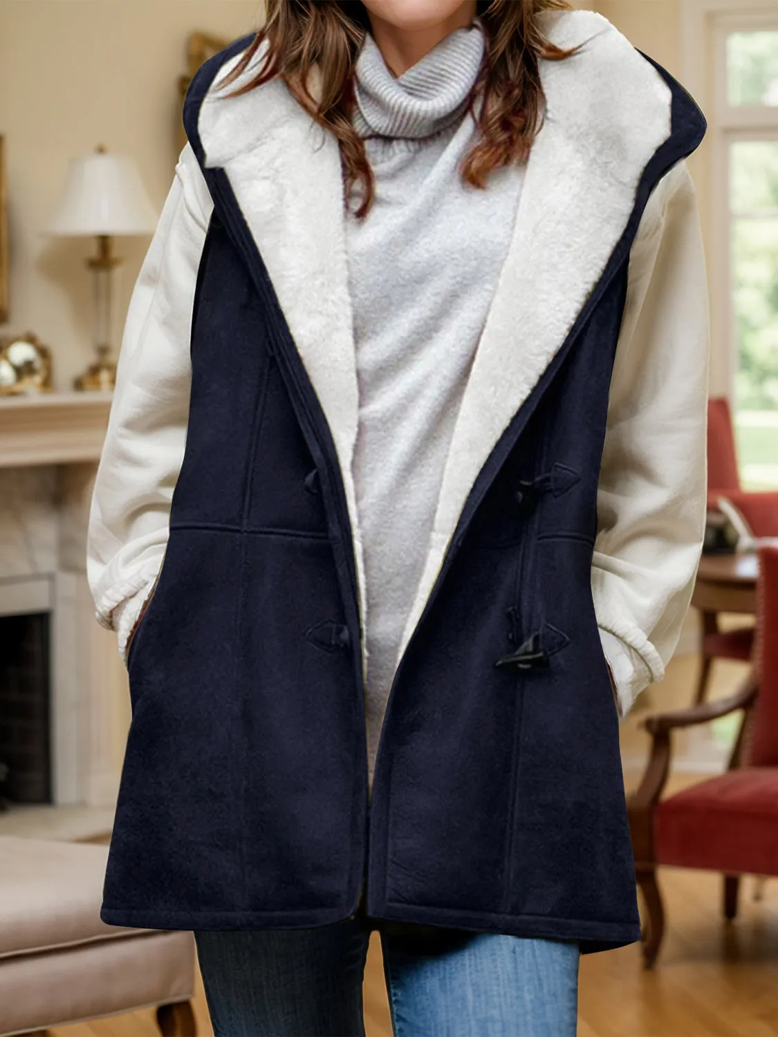 Fuzzy Hooded Vest Coat with Pockets sold by Charming Charlie product image thumbnail 4