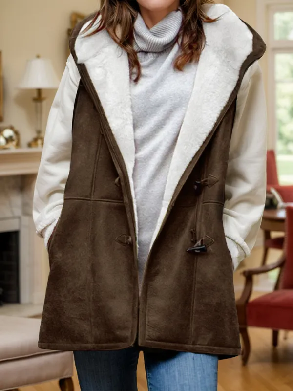 Fuzzy Hooded Vest Coat with Pockets sold by Charming Charlie