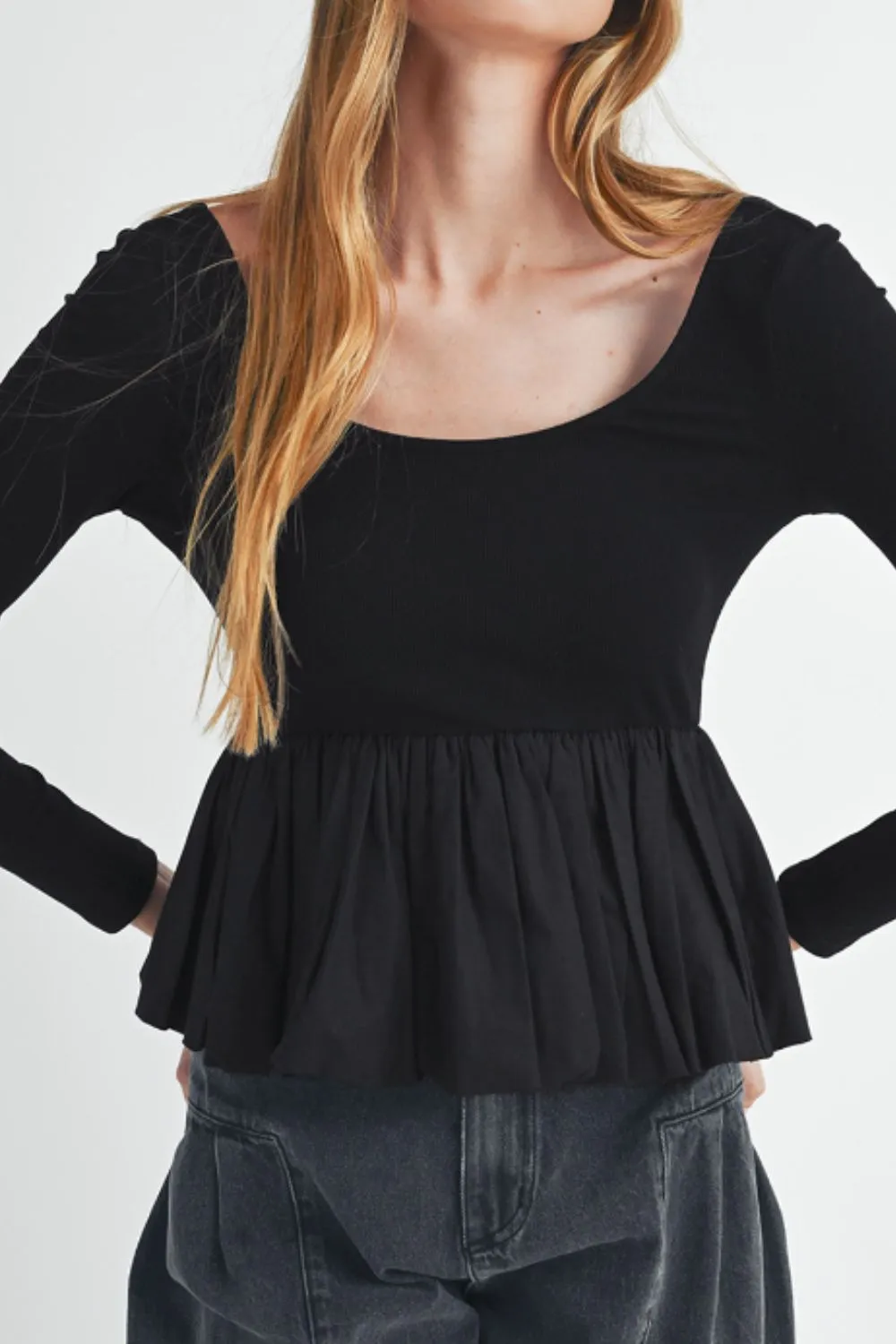 Peplum Scoop Neck Long Sleeve T-Shirt sold by Charming Charlie