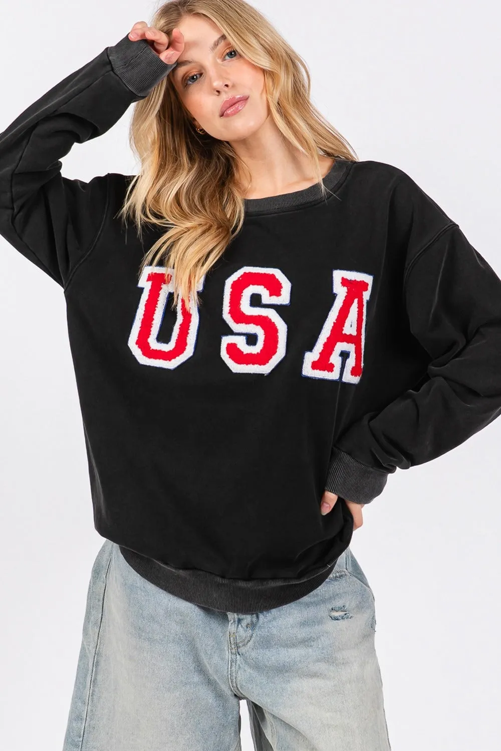 SAGE + FIG USA Letter Patch Round Neck Sweatshirt sold by Charming Charlie