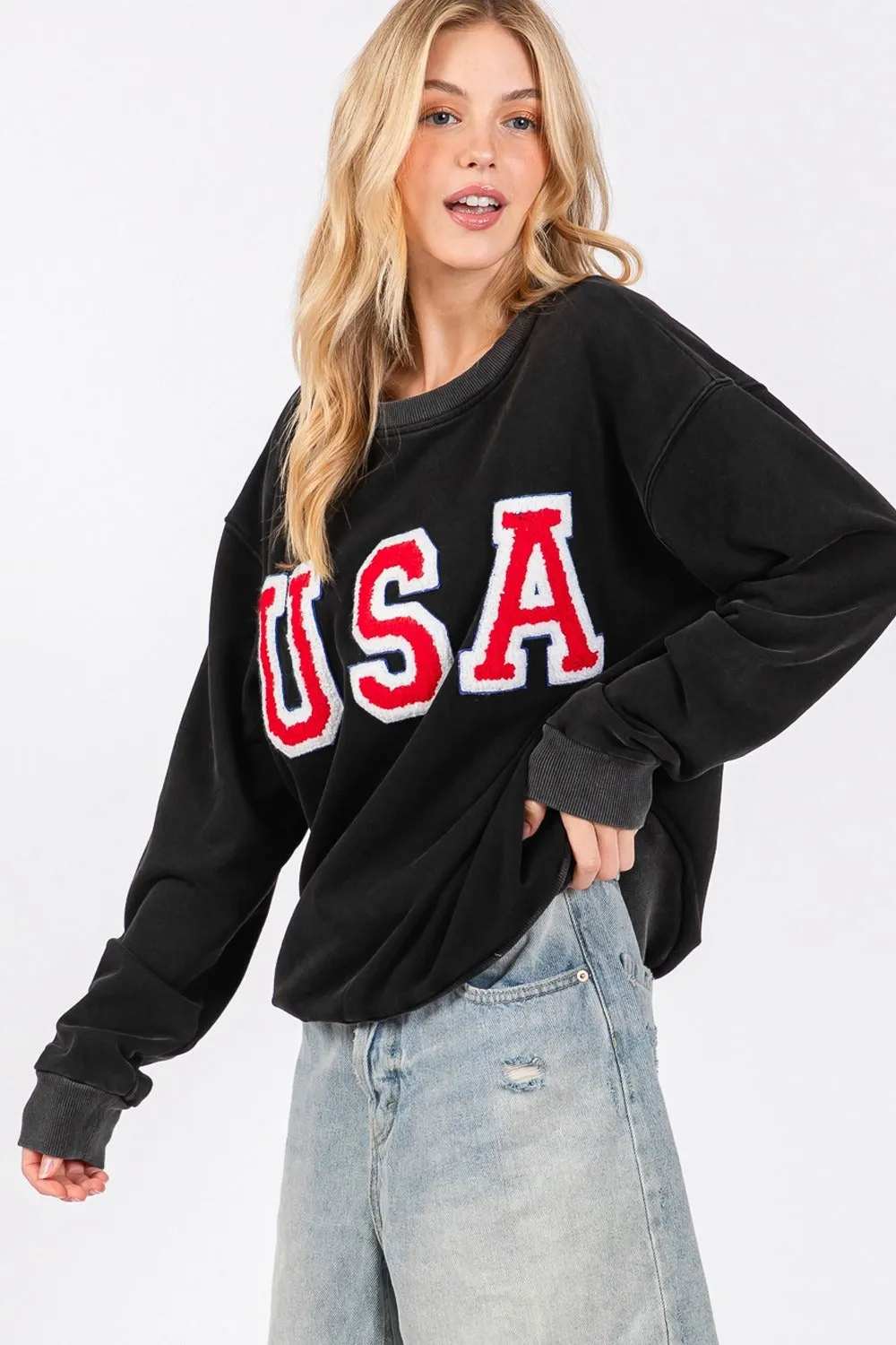 SAGE + FIG USA Letter Patch Round Neck Sweatshirt sold by Charming Charlie product image thumbnail 3
