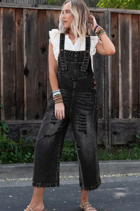 Distressed Wide Strap Denim Overalls sold by Charming Charlie