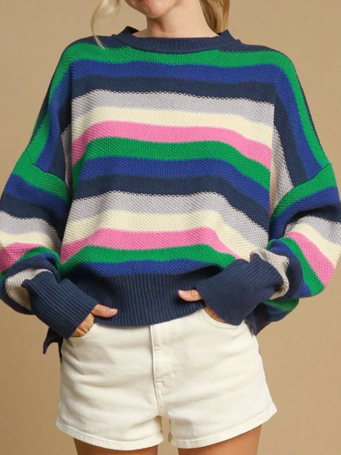 Contrast Striped Round Neck Long Sleeve Sweater sold by Charming Charlie