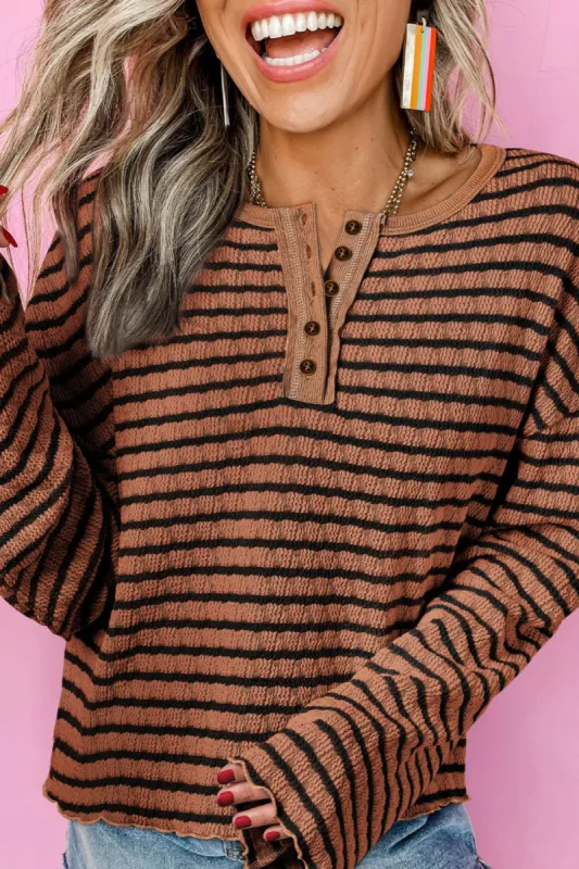 Striped Half Button Long Sleeve Blouse sold by Charming Charlie