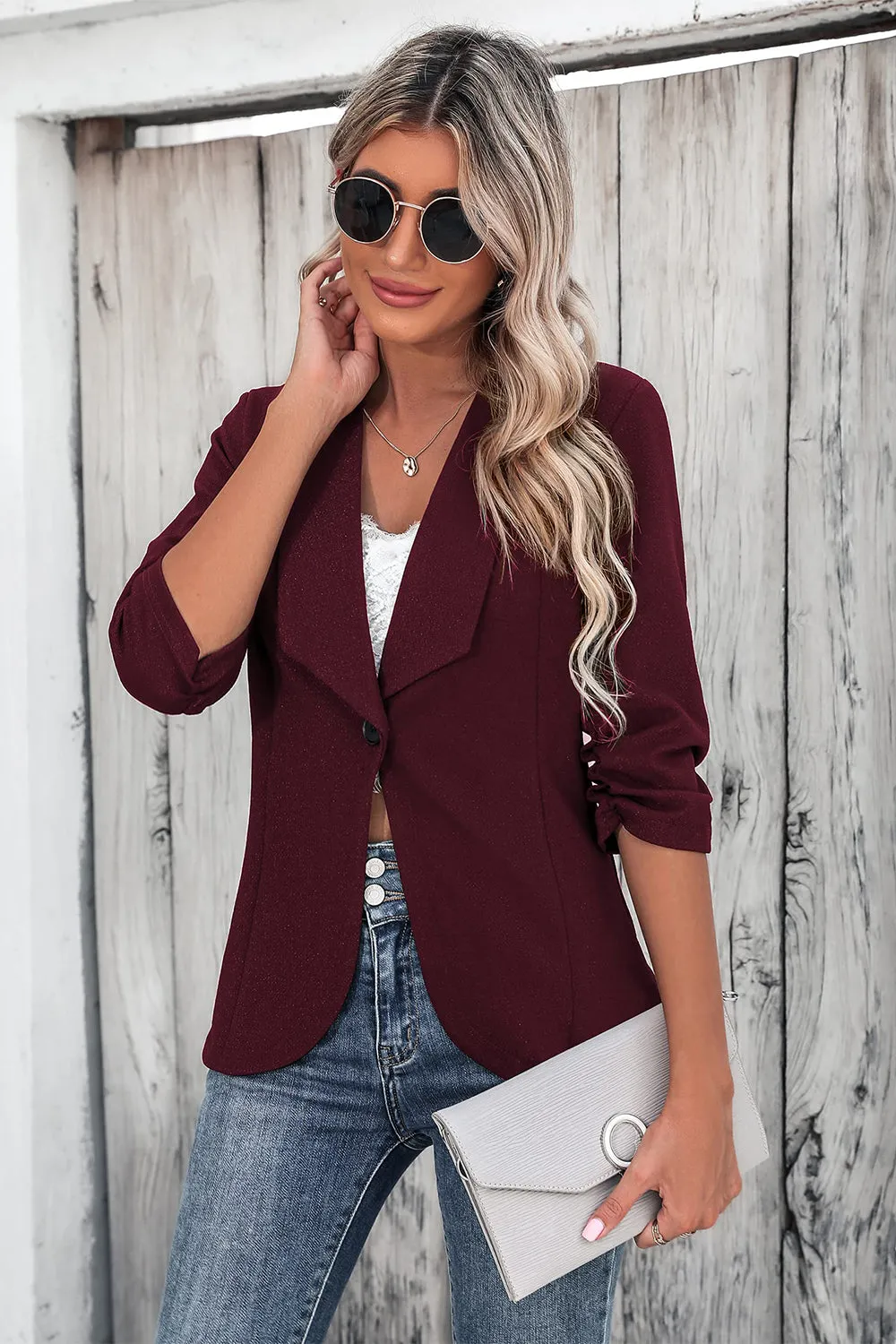 One Button Collared Neck Ruched Sleeve Blazer sold by Charming Charlie product image thumbnail 3