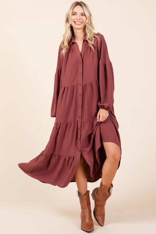 Mittoshop Tiered Button Down Long Sleeve Midi Dress sold by Charming Charlie