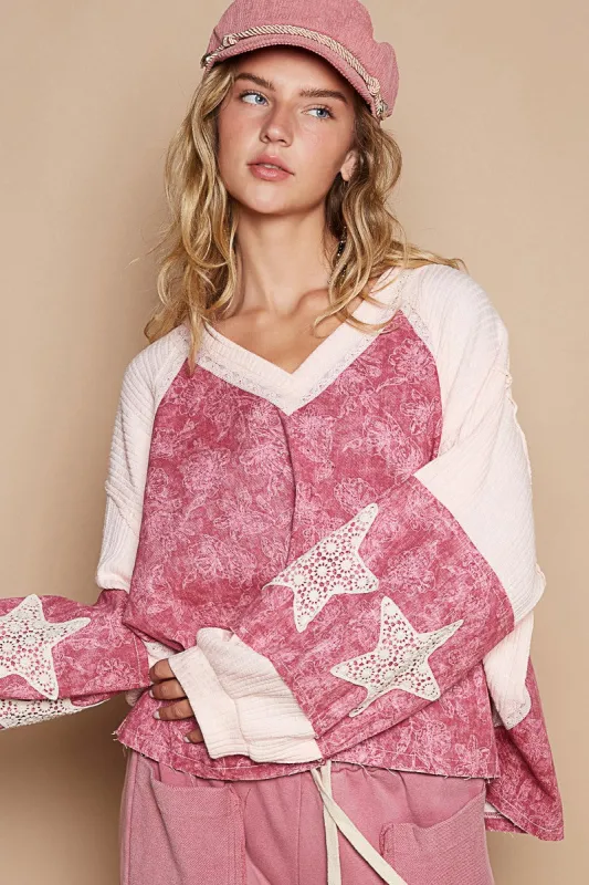 POL Lace Detail Floral Pattern V Neck Top sold by Charming Charlie