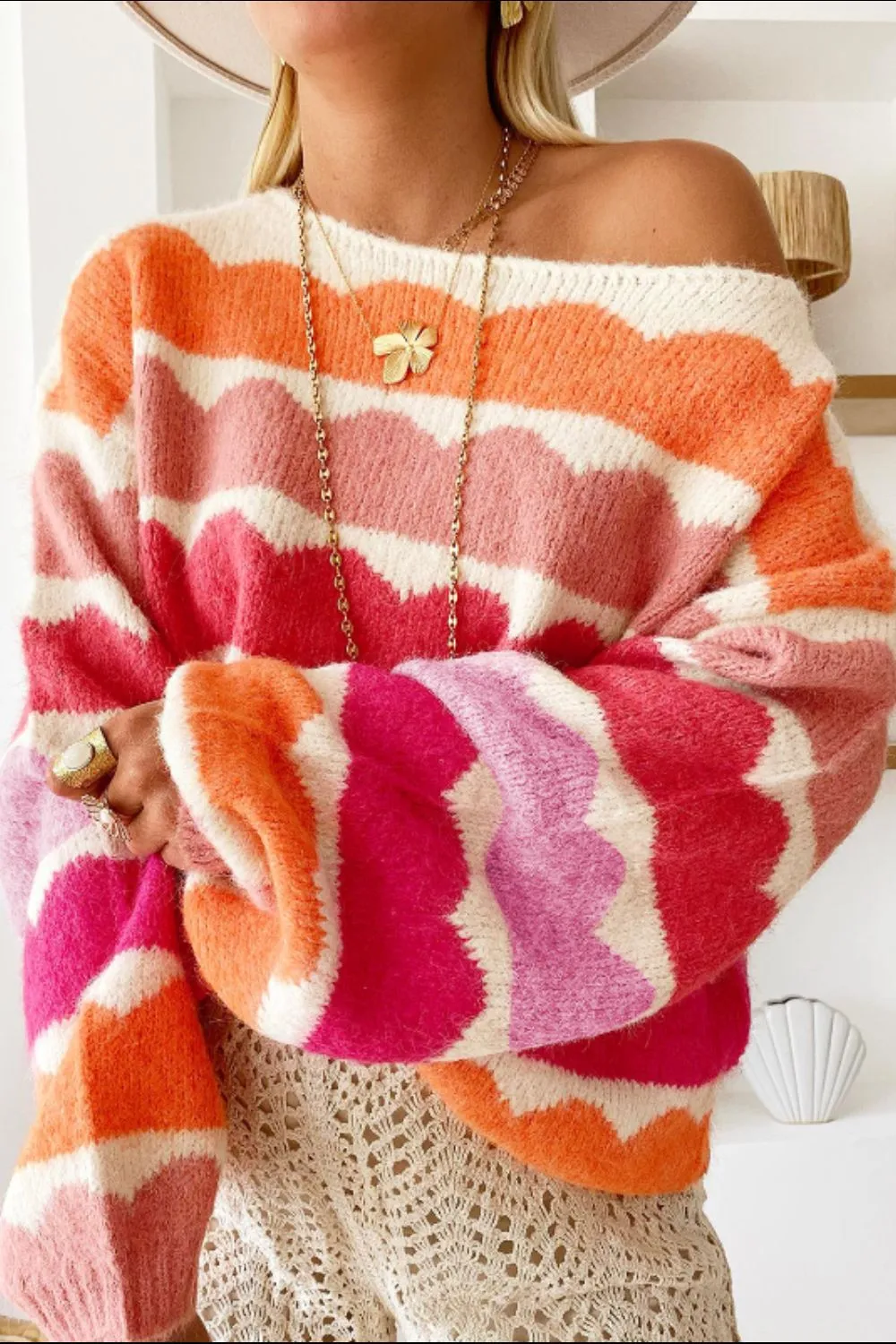 Contrast Boat Neck Long Sleeve Sweater sold by Charming Charlie