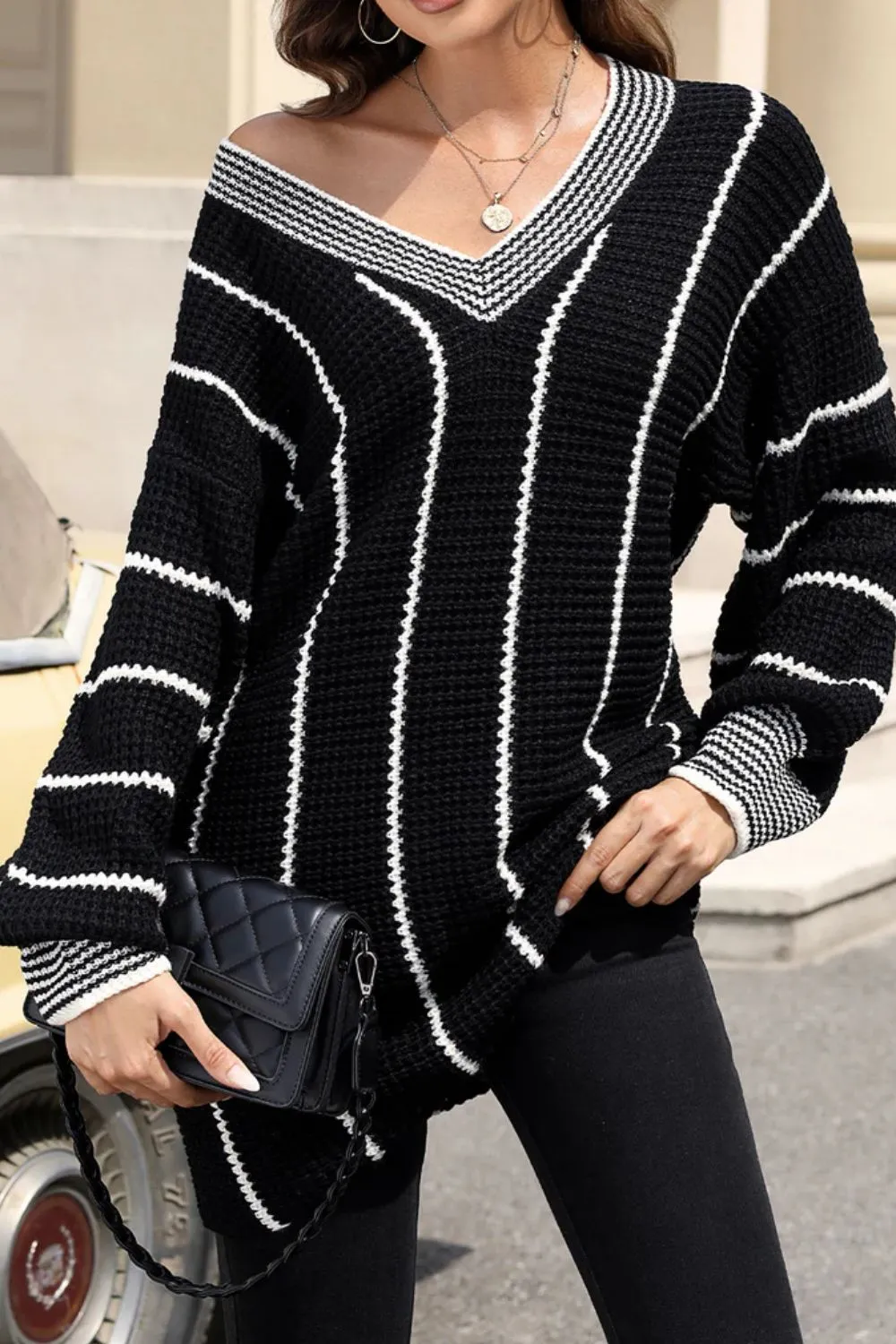 Striped V-Neck Long Sleeve Sweater sold by Charming Charlie product image thumbnail 3
