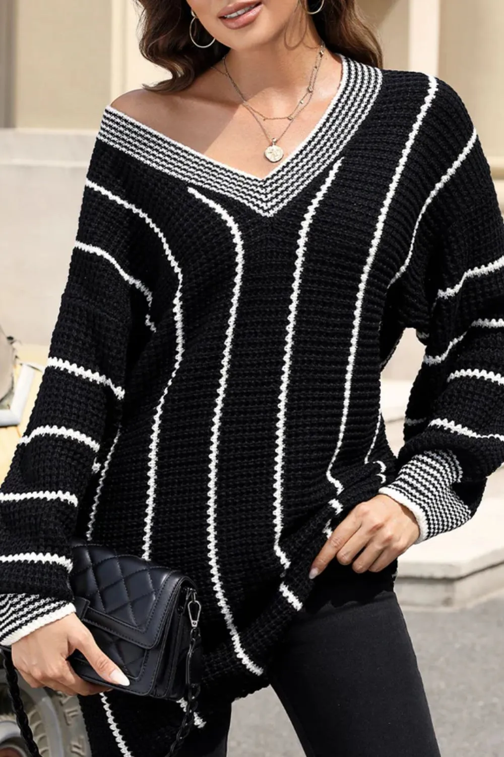 Striped V-Neck Long Sleeve Sweater sold by Charming Charlie product image thumbnail 2