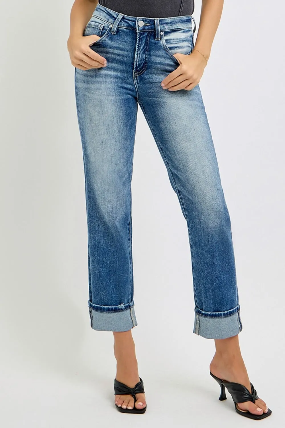 RISEN Full Size High Rise Crop Straight Roll Up Jeans sold by Charming Charlie