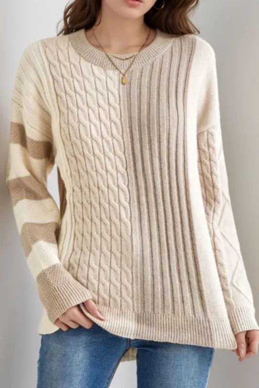 Cable-Knit Color Block Round Neck Sweater sold by Charming Charlie