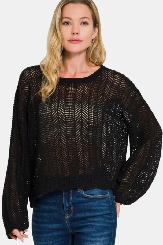 Zenana Hollow Out Long Sleeve Knit Cover Up sold by Charming Charlie