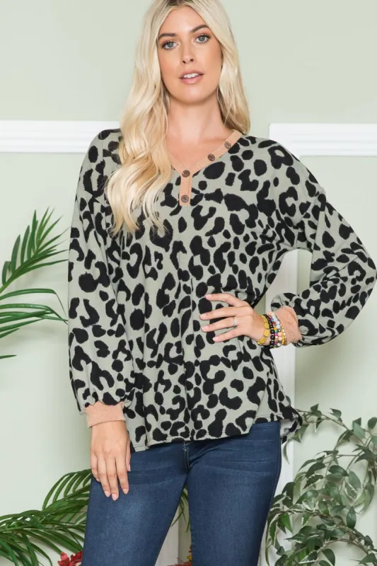 Celeste Full Size Leopard V-Neck Long Sleeve Blouse sold by Charming Charlie