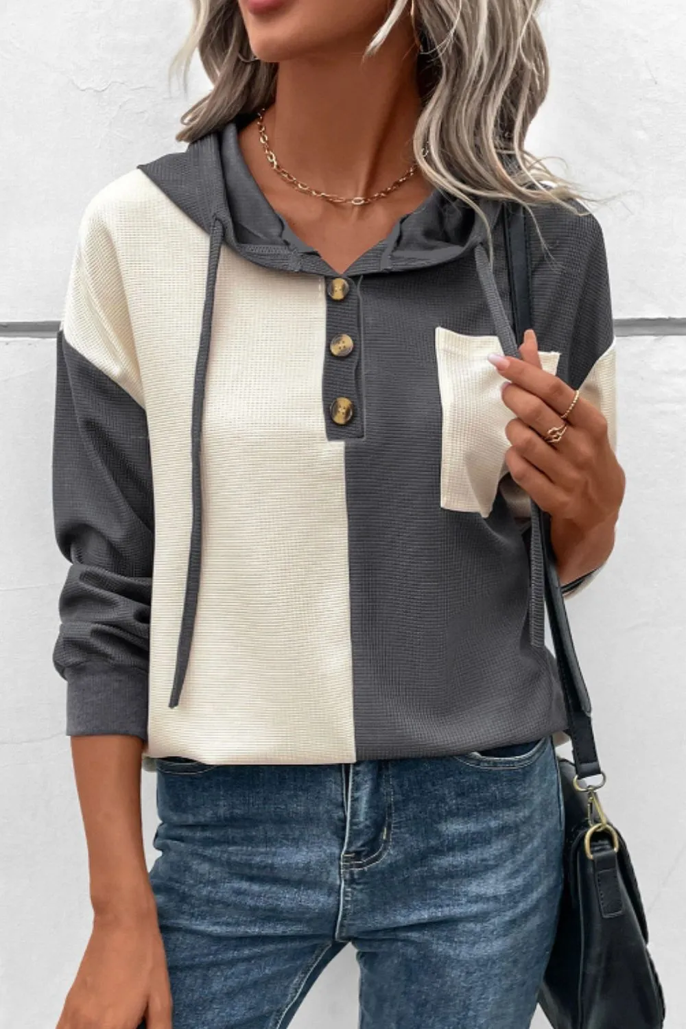 Waffle-Knit Two-Tone Long Sleeve Hoodie sold by Charming Charlie product image thumbnail 4