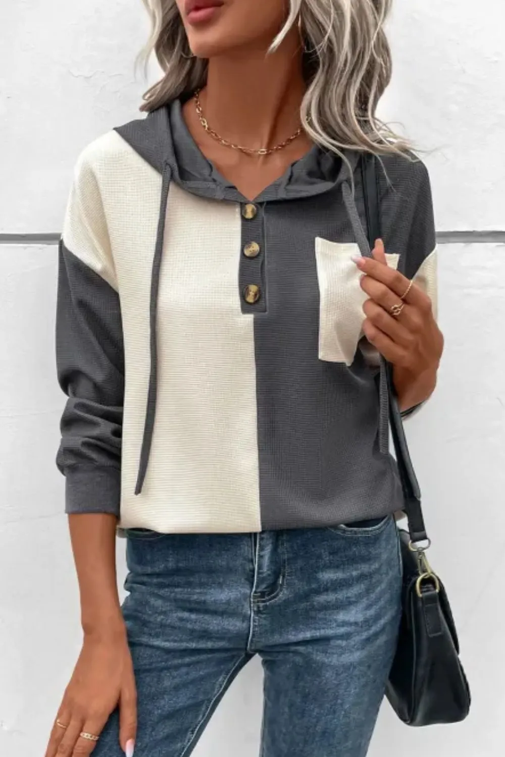 Waffle-Knit Two-Tone Long Sleeve Hoodie sold by Charming Charlie