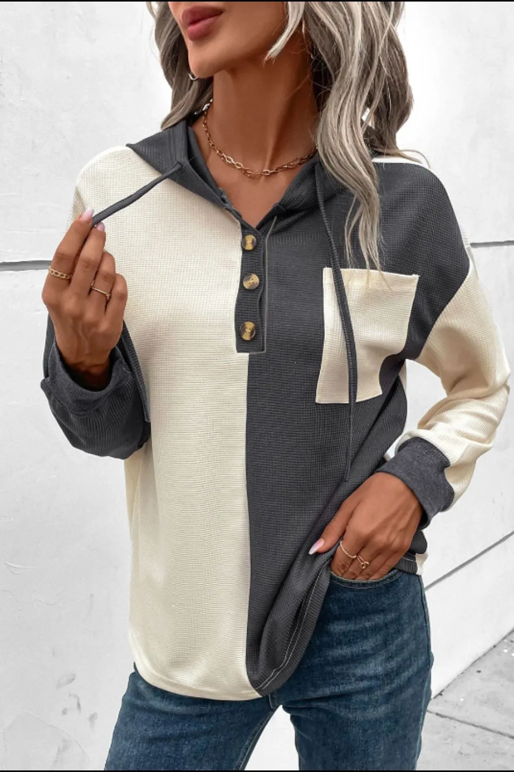 Waffle-Knit Two-Tone Long Sleeve Hoodie sold by Charming Charlie product image thumbnail 2