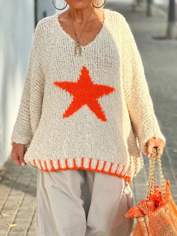 Star V-Neck Long Sleeve Oversize Sweater sold by Charming Charlie