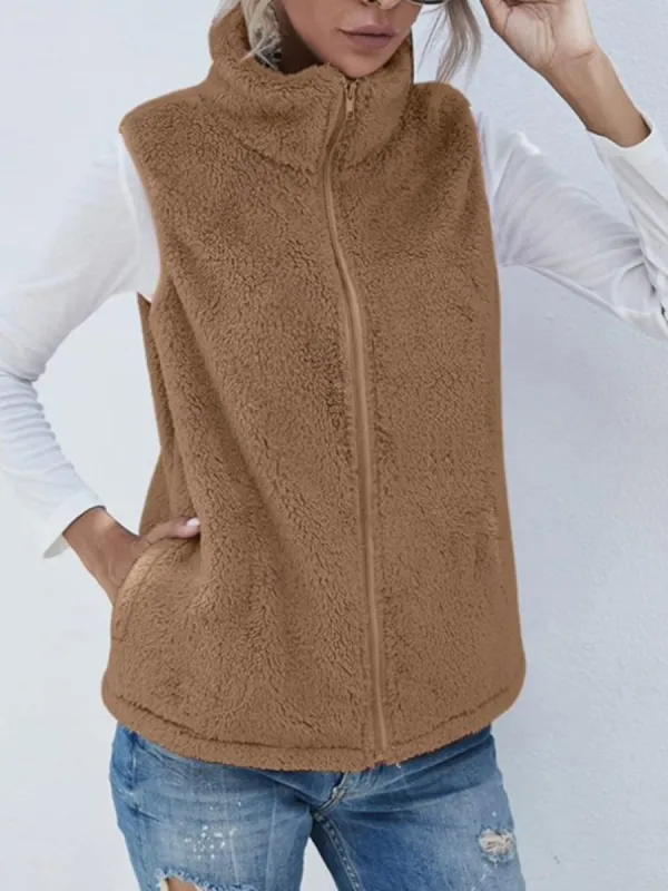 Full Size Fuzzy Zip Up Vest Coat with Pockets sold by Charming Charlie