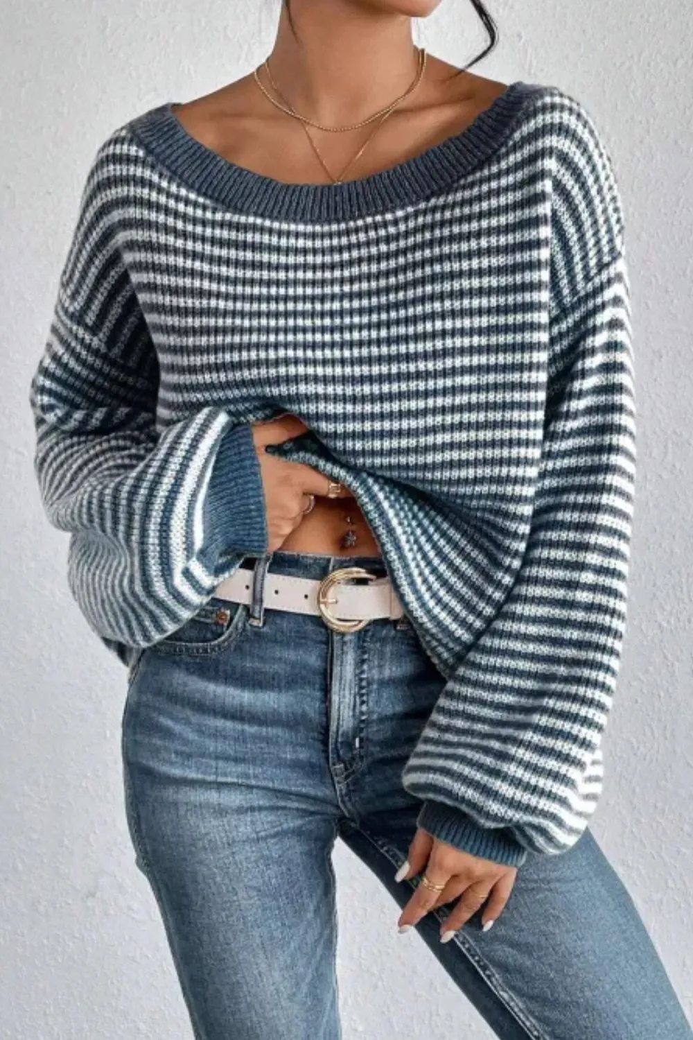 Striped Boat Neck Long Sleeve Sweater sold by Charming Charlie