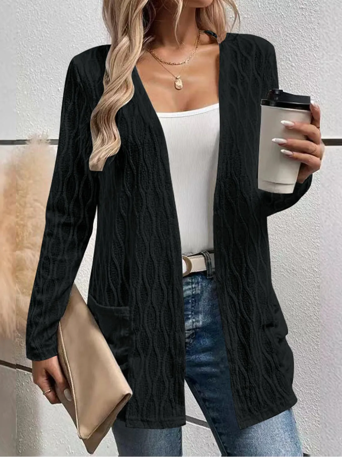 Texture Open Front Long Sleeve Cardigan with Pockets sold by Charming Charlie product image thumbnail 4