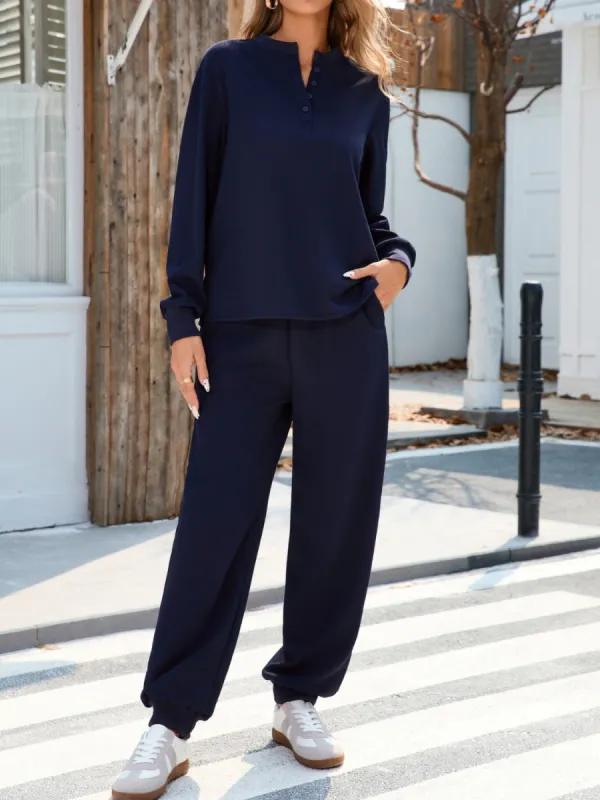 Quarter Button Long Sleeve Top and Pants Set sold by Charming Charlie